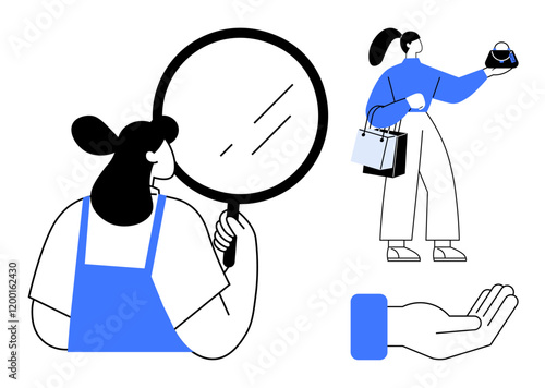 Woman inspecting with magnifying glass, carrying shopping bags with a cupcake, and a hand offering support. Ideal for consumer research, retail, customer support, shopping, self-care, service