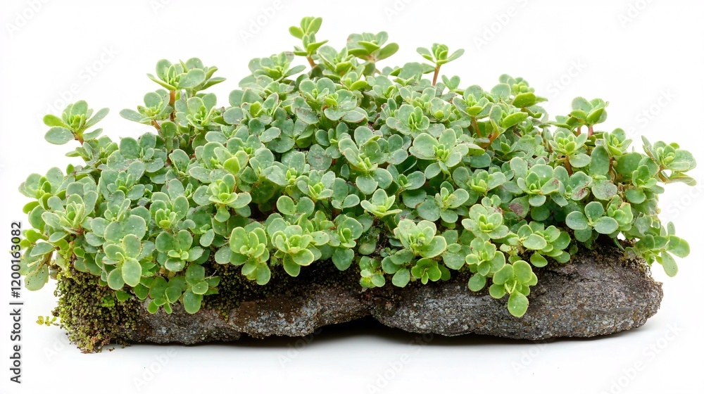 Obraz premium Lush green miniature plant thriving on a textured stone, showcasing nature's beauty.