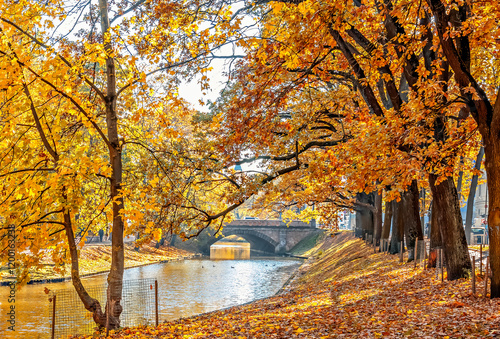 Autumn in central public park of Riga that is the capital city of Latvia and ...