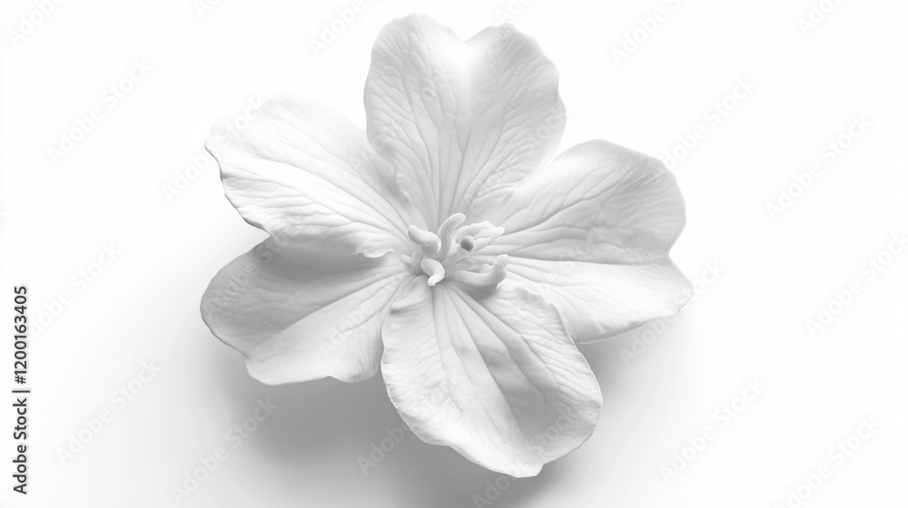 Obraz premium A delicate white flower with intricate petals, beautifully illuminated against a soft white background.