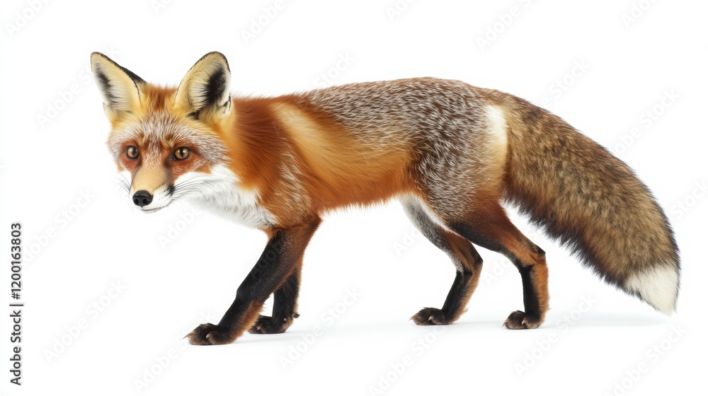 Fototapeta premium A sly fox sneaking forward, its tail bushy, isolated on a pure white background,