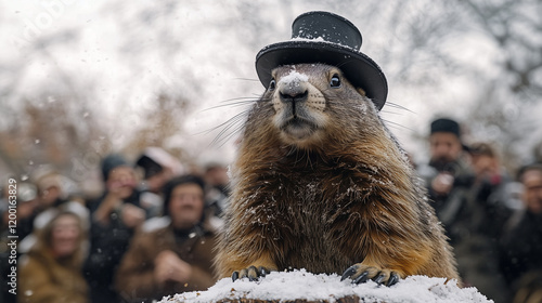 Punxsutawney Phil  Famous groundhog Wearing Top Hat at Groundhog Day with Crowd