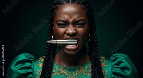 Black woman biting the bullet, bullet in teeth, common phrase photo