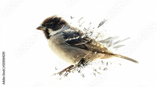 A beautifully rendered close-up of a sparrow in motion, blending nature with abstract elements. photo