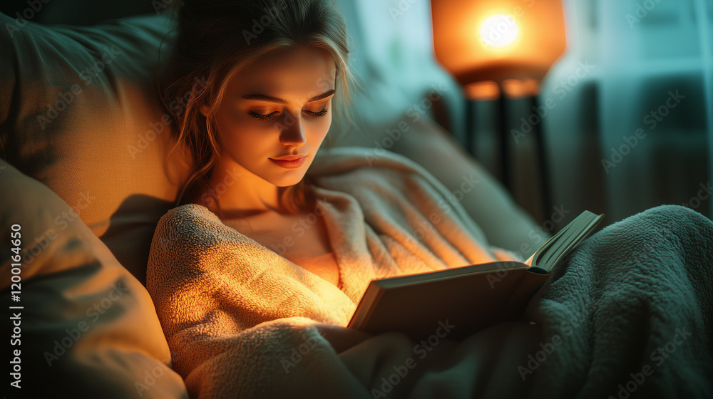 Young Woman Reading Book on Cozy Sofa with Warm Lighting. World Book Day Young Woman Reading Book on Cozy Sofa with Warm Lighting. World Book Day