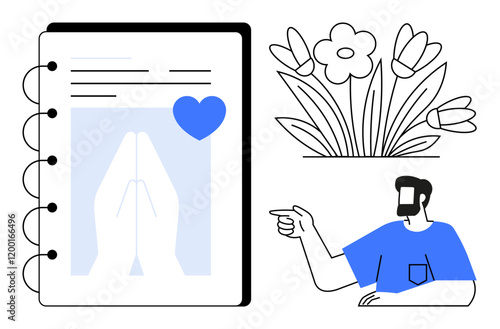 Notepad page with heart and praying hands, flowers, man pointing right. Ideal for mindfulness, gratitude, journaling, spirituality, nature connection, human connection self-reflection abstract line