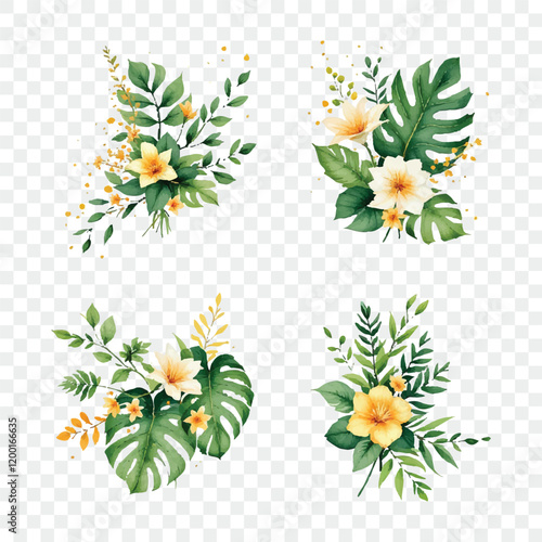 Watercolor vector plants flowers isolated on transparent background. Floristic elements