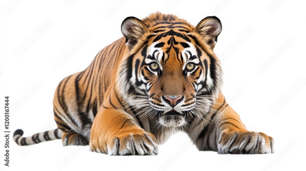 Fototapeta premium A stealthy tiger crouching as if ready to pounce, its eyes sharp, isolated on white,