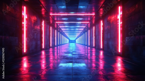 A futuristic hallway illuminated with vibrant neon lights and reflective surfaces.
