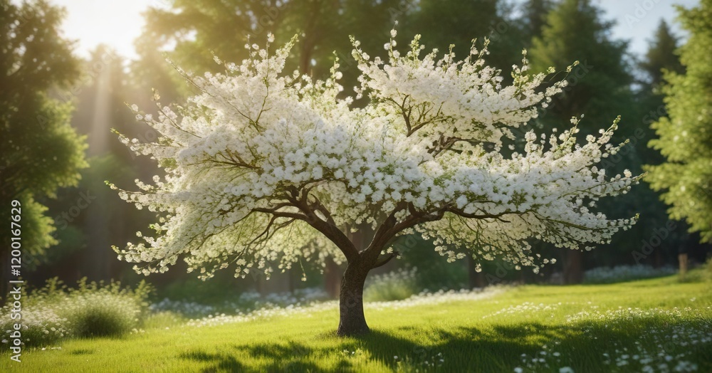 Fototapeta premium White blossom tree in morning light against lush greenery, blooming, springtime, environment