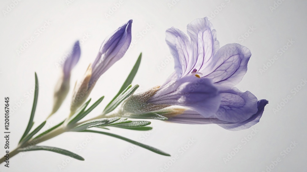 Fototapeta premium A delicate lavender flower blooms gracefully against a soft, neutral background, showcasing fine details of its petals.