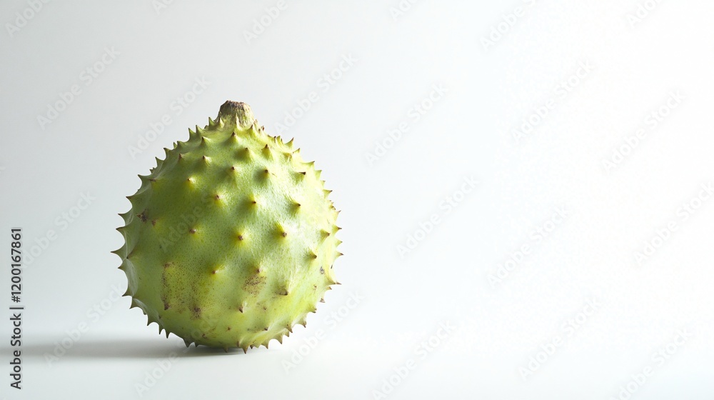 A close-up of a spiky green fruit, showcasing its unique texture against a minimalistic white backdrop. A close-up of a spiky green fruit, showcasing its unique texture against a minimalistic white backdrop.