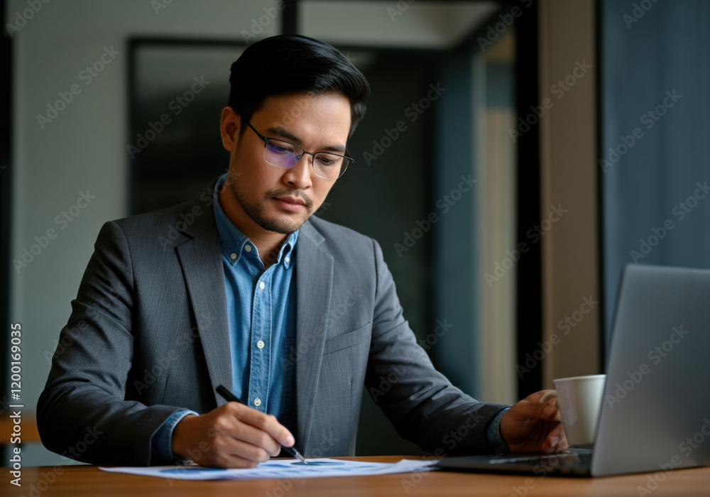Focused Businessman Analyzing Data at Desk Focused Businessman Analyzing Data at Desk