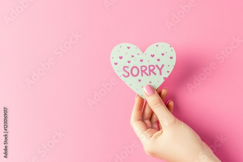 Apology. A close-up of a woman holding a pink paper heart with the word 