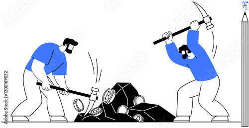 Two individuals use hammers to break open rocks, revealing coins. Ideal for hard work, effort, financial gain, mining, teamwork, manual labor and wealth creation. Simplified color palette with blue