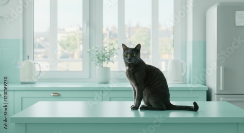 Black cat sitting on mint green kitchen counter in sunlit modern kitchen photo