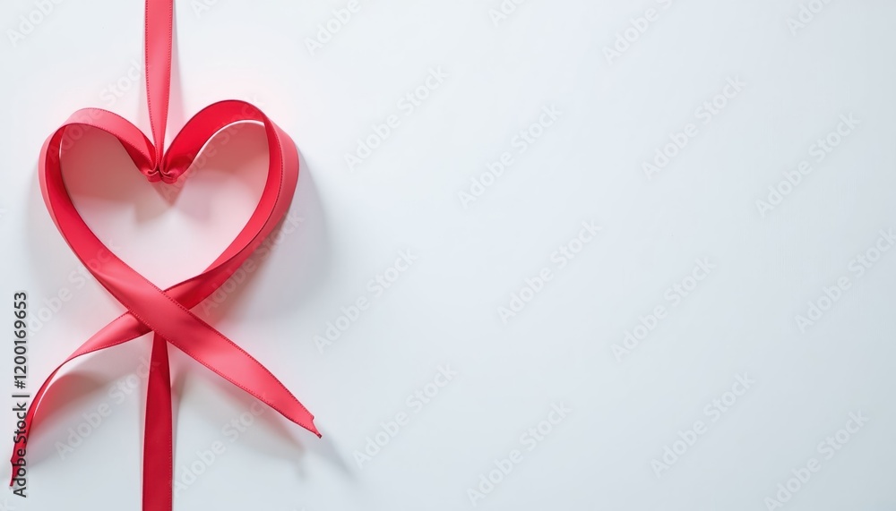 Red satin ribbon forming a heart shape on a white background for Valentine's Day. Red satin ribbon forming a heart shape on a white background for Valentine's Day.