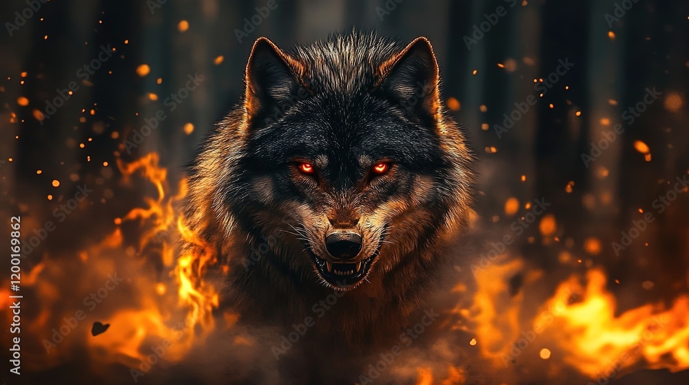 A majestic wolf with piercing red eyes stands in the dark forest, its fur shimmering under the glow of orange and blue flames. A majestic wolf with piercing red eyes stands in the dark forest, its fur shimmering under the glow of orange and blue flames.