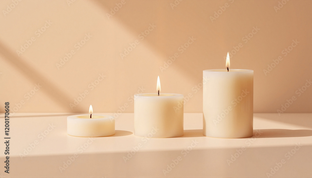 Three lit candles on a beige background Three lit candles on a beige background