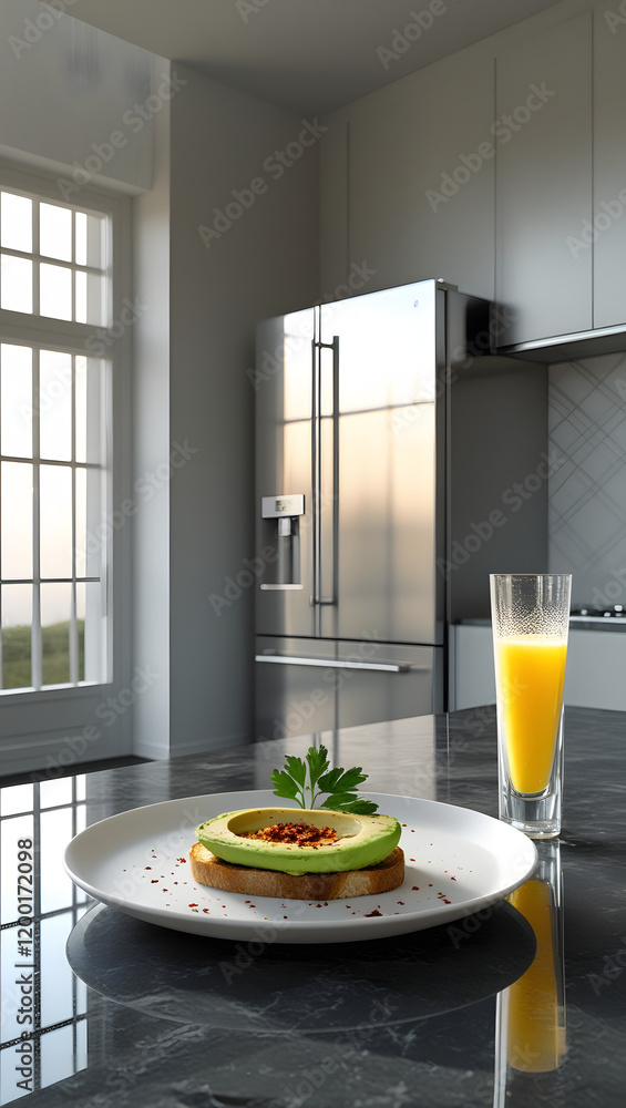 Elegant Breakfast Setup with Avocado Toast and Orange Juice in a Modern Kitchen – Fresh and Minimalistic Design Elegant Breakfast Setup with Avocado Toast and Orange Juice in a Modern Kitchen – Fresh and Minimalistic Design