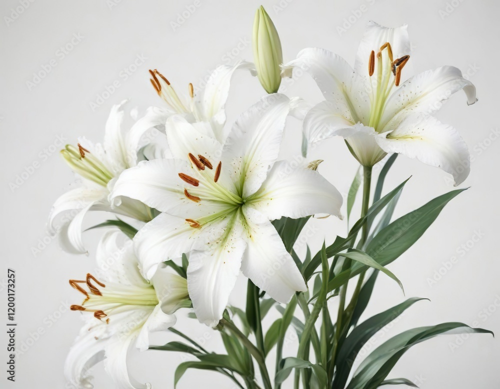 Fototapeta premium White lilies isolated on white background in watercolor, elegant composition, simplicity