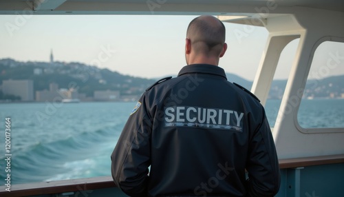 Maritime Security Officer Patrolling on Ferry for Enhanced Passenger Safety and Coastal Surveillance