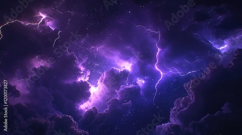 Flashes of lightning and rumbles of thunder in the night sky, with purple clouds as the backdrop.