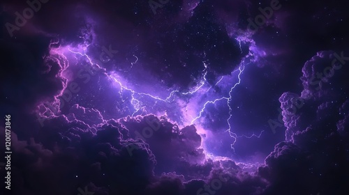 Flashes of lightning and rumbles of thunder in the night sky, with purple clouds as the backdrop.