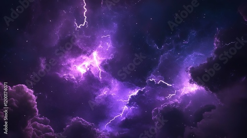 Flashes of lightning and rumbles of thunder in the night sky, with purple clouds as the backdrop.