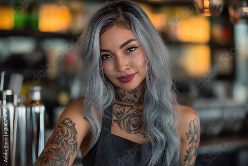 Wallpaper Mural Portrait of a woman with tattoos and colorful hair bartender making drinks in a bar.Restaurant. Torontodigital.ca