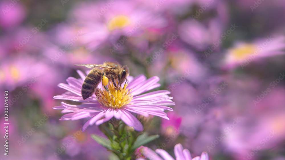Close up of bee on pink flower with yellow center, blurred floral background. vintage style Close up of bee on pink flower with yellow center, blurred floral background. vintage style
