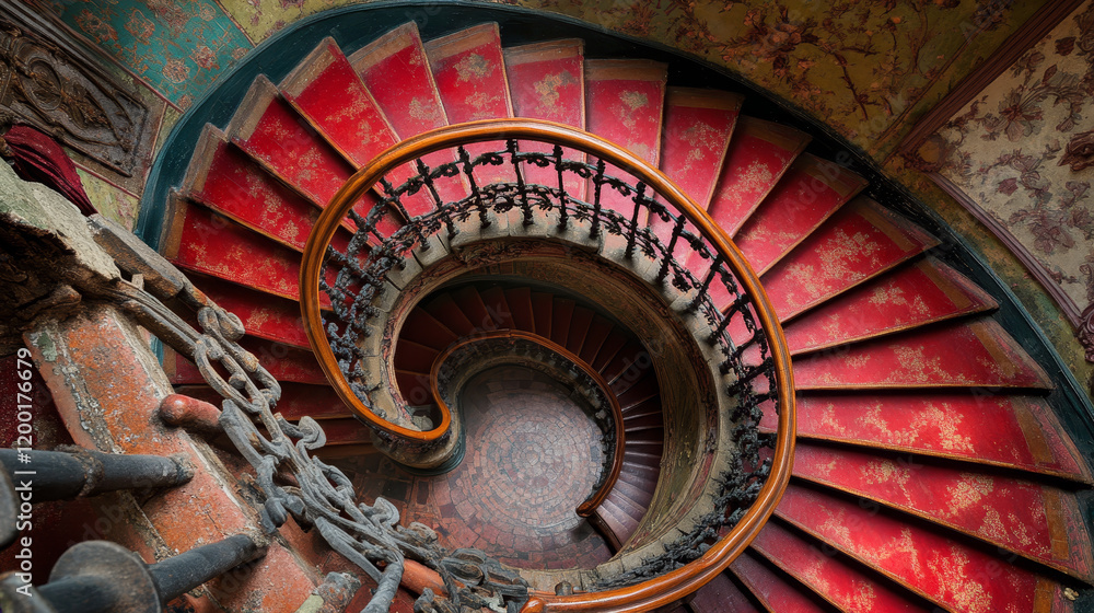 Obraz premium Elegant Ascent: Aerial View of a Spiral Staircase