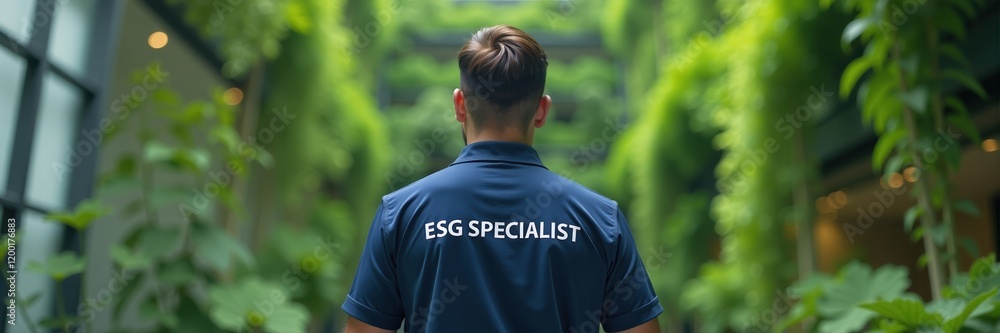 Adult man wearing ESG Specialist shirt standing in lush green indoor garden, environmental concept Adult man wearing ESG Specialist shirt standing in lush green indoor garden, environmental concept