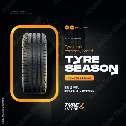 Tire shop, spare parts and auto service discount promotion design. Editable graphic layout. Black Friday sale. Tire shop vector banner of car wheel tyres with tread track price offer. 