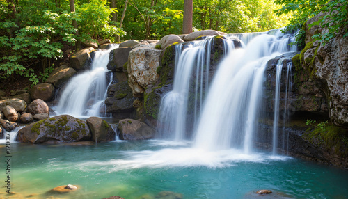Tranquil waterfall cascading into serene pool, natural beauty
