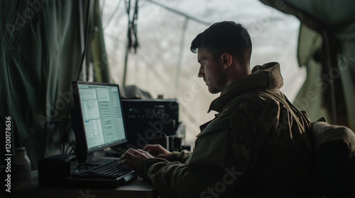 Soldier focused on computer in military tent