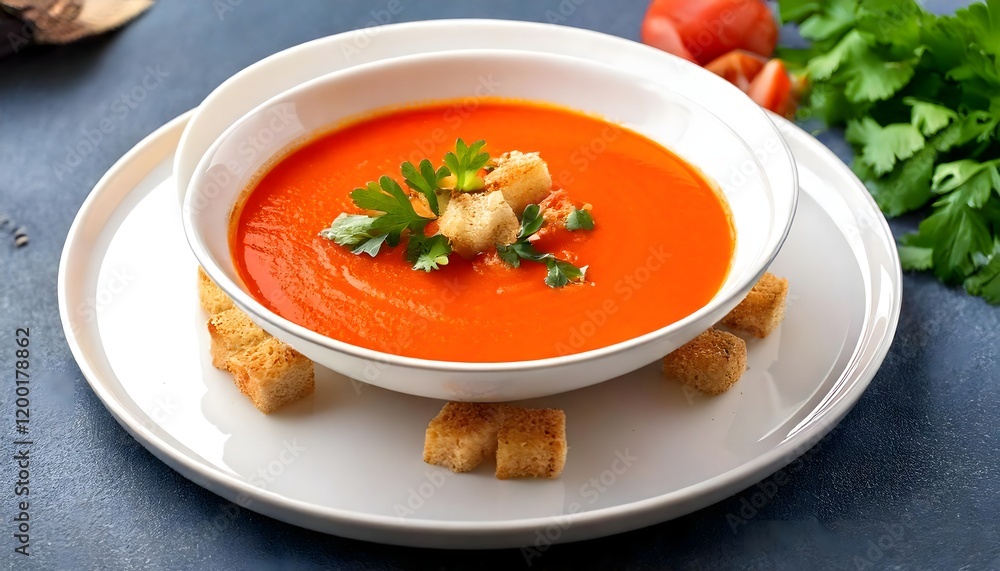 Creamy Tomato Soup with Croutons and Fresh Parsley on a White Plate Creamy Tomato Soup with Croutons and Fresh Parsley on a White Plate
