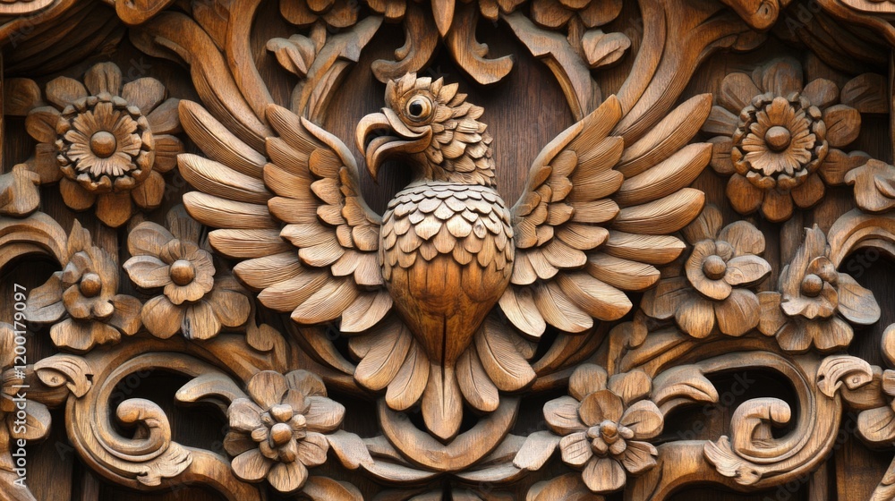 Exquisite Wood Carving with Intricate Floral and Bird Motif Exquisite Wood Carving with Intricate Floral and Bird Motif