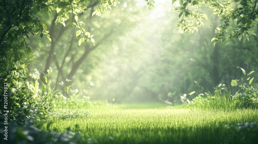 Fototapeta premium Sunlit forest path, peaceful scene