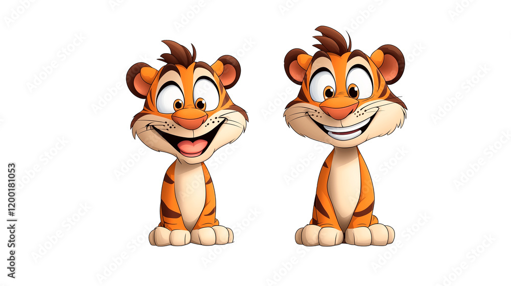 Obraz premium Cartoon tiger character design on a white background showcasing two expressive poses