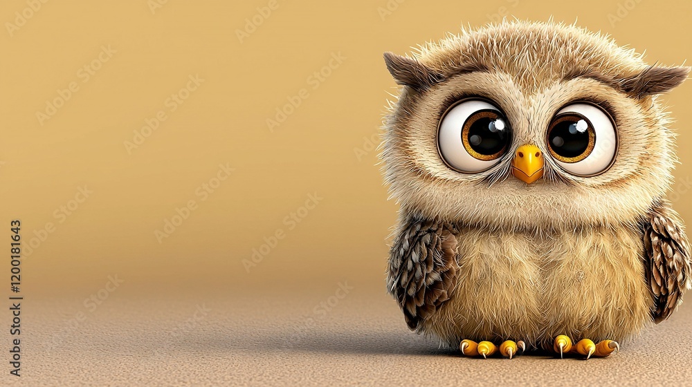 Close-up of small owl with large eyes on brown surface against light brown background Close-up of small owl with large eyes on brown surface against light brown background