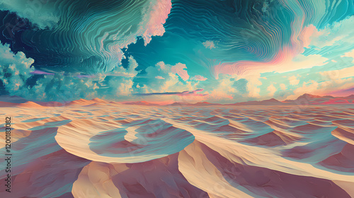 An endless desert where sand dunes ripple in unnatural patterns under a color-shifting sky. Surreal Desert Mirage. Illustration photo