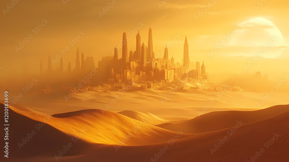 Desert landscape where a golden mirage creates illusions of distant cities and palaces. Surreal Desert Mirage. Illustration Desert landscape where a golden mirage creates illusions of distant cities and palaces. Surreal Desert Mirage. Illustration