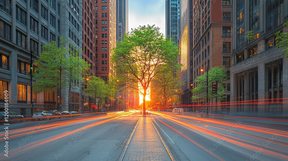 Fototapeta premium A lone tree stands in the center of a bustling downtown street, symbolizing resilience and hope amid urban chaos. The blurred motion of passersby emphasizes the contrast of nature against city life. 