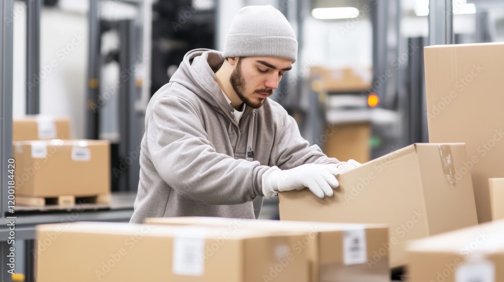 A US assembly line worker packaging fragile items with care, isolated on a seamless white background, A US assembly line worker packaging fragile items with care, isolated on a seamless white background,