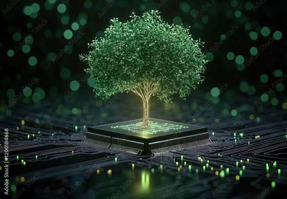 A tree growing on top of an electronic chip, symbolizing the concept of sustainable technology and environmental care. A tree growing on top of an electronic chip, symbolizing the concept of sustainable technology and environmental care.