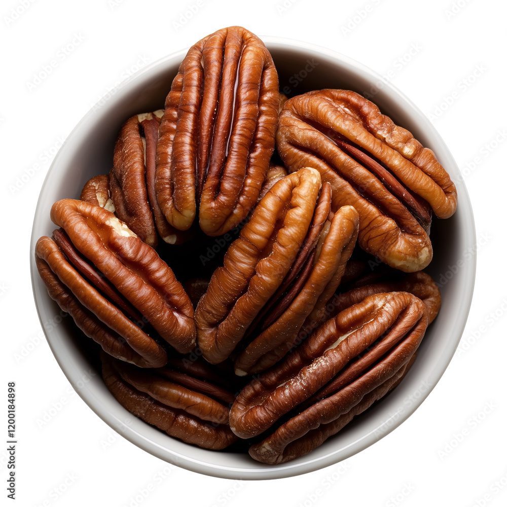 top view of white bowl of pecan nuts isolated on a transparent background