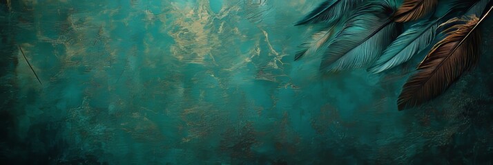 Teal Green Textured Background With Corner Border Of Flowing Peacock And Brown Feathers
