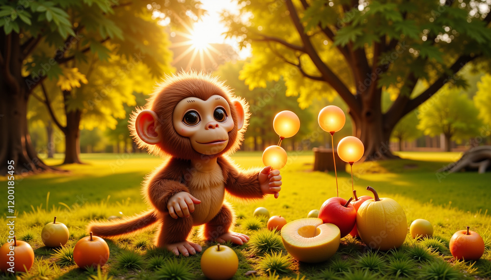 Naklejka premium Mischievous monkey juggling glowing fruit in sunny orchard, joyful playfulness