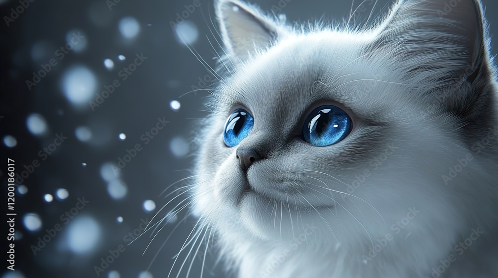 Close-up of the face and blue eyes of an adorable white cat with silver fur, gazing curiously at its surroundings Close-up of the face and blue eyes of an adorable white cat with silver fur, gazing curiously at its surroundings